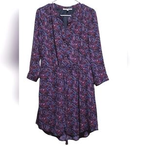 Daniel Rainn Long Sleeve Purple Paisley Floral Dress w Tassel Tie Waist, Size L